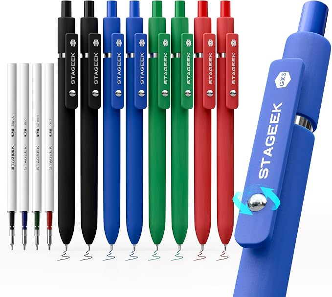 STAGEEK GX3 Colorful & Multi Colored Gel Pens, 8 Pcs with 4 Refills | Quick Dry Colored Pens, 0.7mm Fine Point, Retractable, for Journaling & Note Taking, School Supplies, Gifts for Women & Men