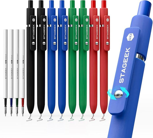 STAGEEK GX3 Colorful & Multi Colored Gel Pens, 8 Pcs with 4 Refills | Quick Dry Colored Pens, 0.7mm Fine Point, Retractable, for Journaling & Note Taking, School Supplies, Gifts for Women & Men
