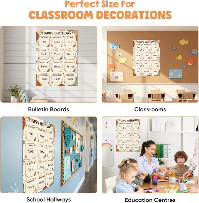 FaCraft Boho Birthday Chart for Classroom - Reusable Happy Birthday Poster Calendar Laminated Class Birth day Chart Classroom Bulletin Board Decorations Back to School Teacher Supplies Wall Decor