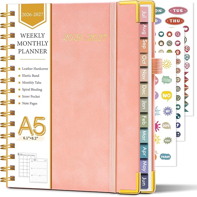 Academic Planner 2026-2027, Hardcover Leather Weekly and Monthly Calendar Planner from July 2026 - June 2027, A5 6.1" x 8.2" Daily Agenda with Tabs, College School Organizer for Student Teacher, Pink