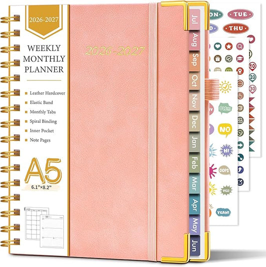 Academic Planner 2026-2027, Hardcover Leather Weekly and Monthly Calendar Planner from July 2026 - June 2027, A5 6.1" x 8.2" Daily Agenda with Tabs, College School Organizer for Student Teacher, Pink