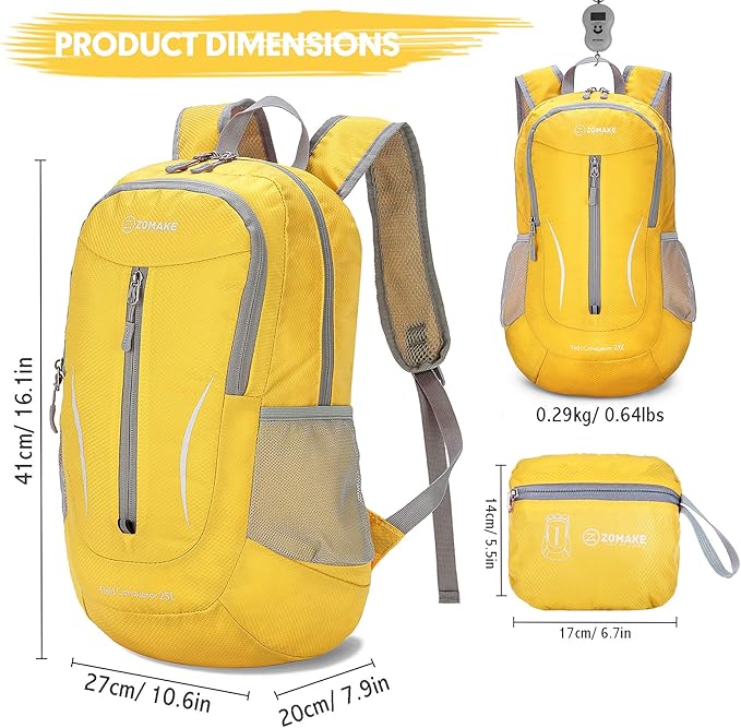 ZOMAKE Lightweight Packable Backpack 25L, Foldable Hiking Daypack | Water Resistant Small Folding Backpacks for Travel, Everyday Carry, Multi-Pocket Layout, Breathable Shoulder Strap