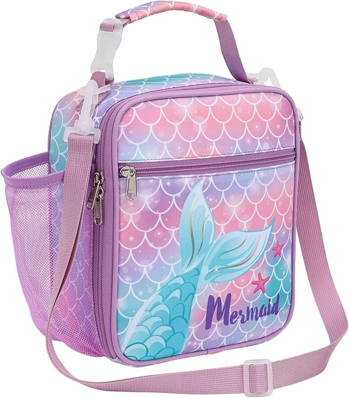Bagseri Kids Lunch Bag with Shoulder Strap - Insulated Crossbody Girls Lunch Box for School & Travel, Reusable Large Meal Tote with Bottle Holder, Fits Bento Box, Purple Mermaid Tail
