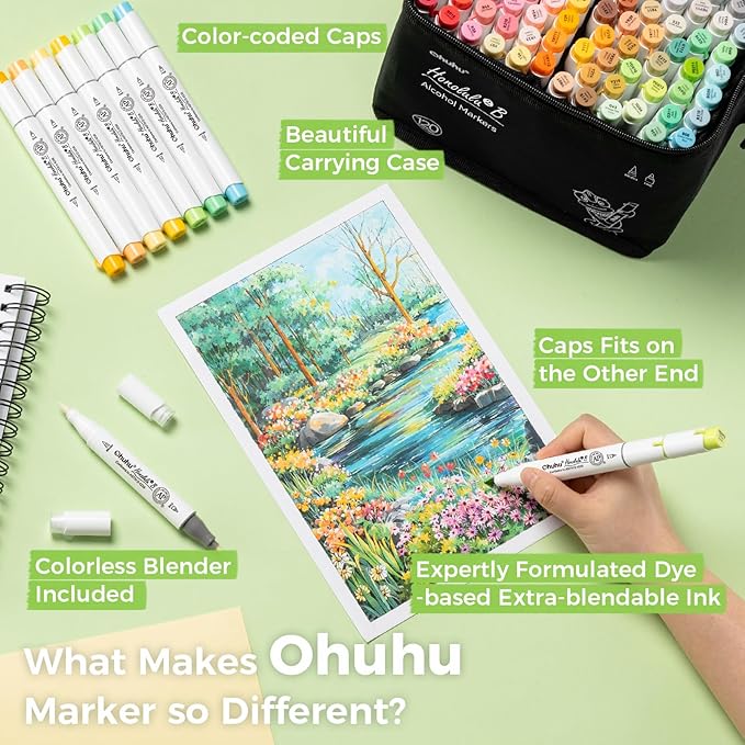 Ohuhu Alcohol Markers Brush Tip - 120-color AP Certificated Double Tipped Art Marker Set for Artist Adults Cozy Coloring Drawing Illustration - Brush and Fine Dual Tips - Honolulu 2B - Refillable