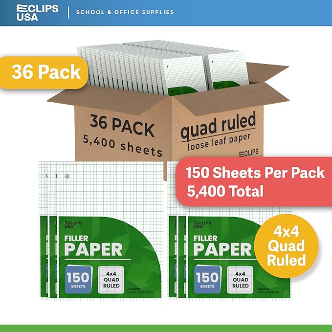 Graph Paper Loose Leaf Paper Quad Ruled Notebook Paper Quad Ruled 4” x 4” Square Lined Writing Filler Paper 10.5” x 8” 5400 Sheets 150 Sheets Per Pack 60 gsm (36 Pack)