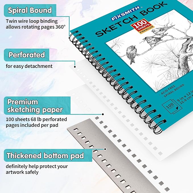FIXSMITH 9"X12" Teal Sketch Book, 400 Sheets (68 lb/100gsm) Spiral Sketchbook, Acid Free Drawing Paper, Sketch Pad for Beginners,Artists & Professionals, Bright White