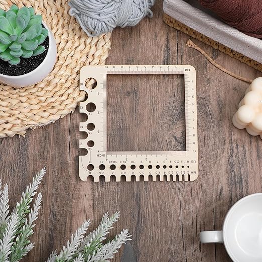 Wooden Rulers, Crochet Stitch Counter Spinner Yarn Measure Needle Gauge Ruler for Knitting Crochet Gauge Measuring Tool Crochet Tools Poplar Square Measuring Tool Multi-Size Holes for Needles