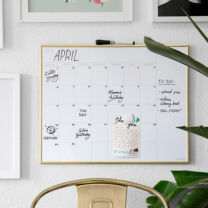 U Brands Magnetic Dry Erase Monthly Calendar Whiteboard 16" x 20", Gold Aluminum Frame, Wall Mounted Planner for Office, Home, and Classroom, Includes Marker and Magnet
