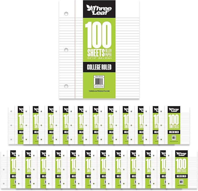 THREE LEAF 100 SHEETS COLLEGE RULED FILLER PAPER, PACK OF 24, LOOSE-LEAF SHEETS FOR SCHOOL AND OFFICE 100 CT. FILLER PAPER, NOTEBOOK PAPER