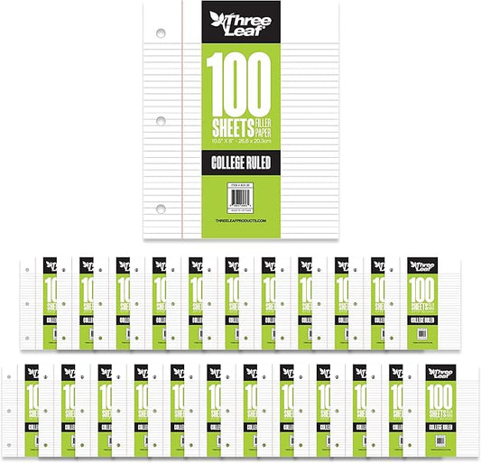 THREE LEAF 100 SHEETS COLLEGE RULED FILLER PAPER, PACK OF 24, LOOSE-LEAF SHEETS FOR SCHOOL AND OFFICE 100 CT. FILLER PAPER, NOTEBOOK PAPER