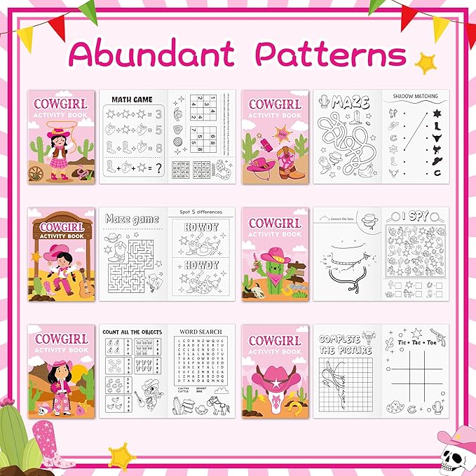 JAPBOR Cowgirl Activity Coloring Books - 24PCS Mini Western Theme Activities Color Book Bulk for Kids Party Favor, Wild West Hat Boot Cactus Colour Pages for Birthday Gifts Class Drawing Painting Game