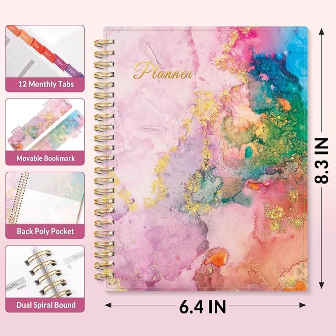 SUNEE Academic Planner 2026-2027 – Weekly & Monthly Planner, July 2026 to June 2027, 6.4"x8.3", Thick Paper, Tabs, Pockets, Bookmark, Spiral-Bound, Student Teacher Organizer, Marble