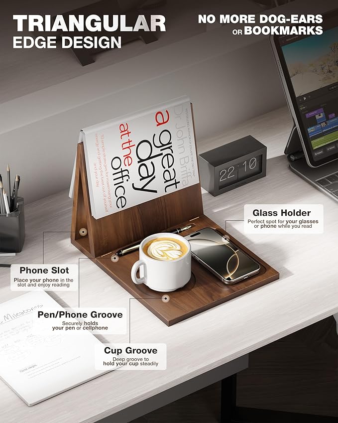 Triangle Book Holder, Book Rest, Acacia Foldable Book Nook Reading Valet, Triangle Book Stand with Cup, Pen, Glasses and Phone Holder for Bedroom, Nightstand or Office, Gifts for Book Lover (Walnut)