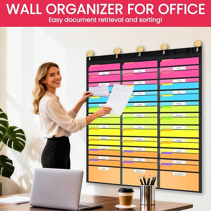 Clear Storage Pocket Chart for Classroom & Office with 30 Nametag Pockets, 5 Overdoor Hangers Included, Hanging Wall File Organizer for File Folders, Assignments, Files, Scrapbook Papers & More