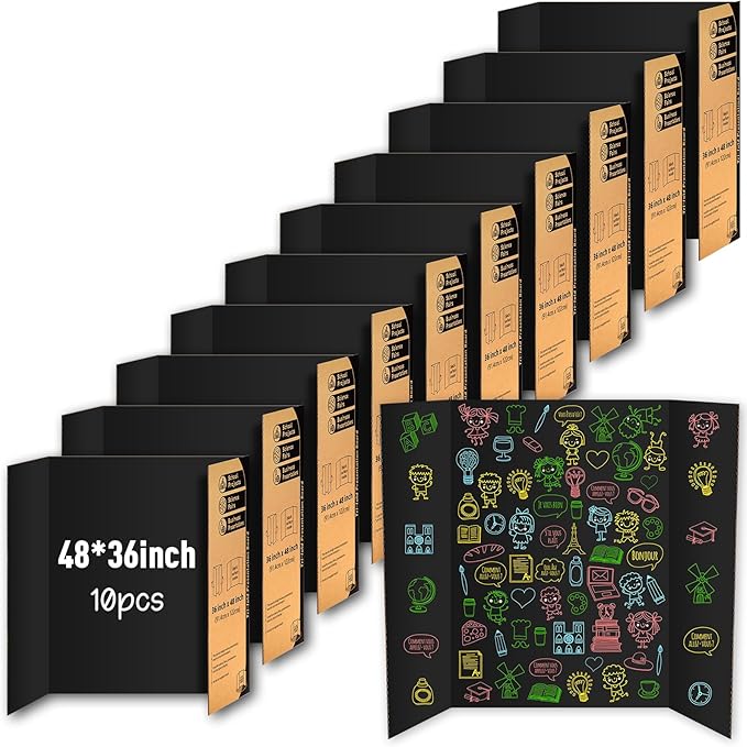 10 Pack Trifold Poster Board 48" X 36", IKAYAS Black Poster Boards, Science Fair Display Boards Posterboard for Mounting, Prints,Art,Display,Projects Classroom Supplies (10)