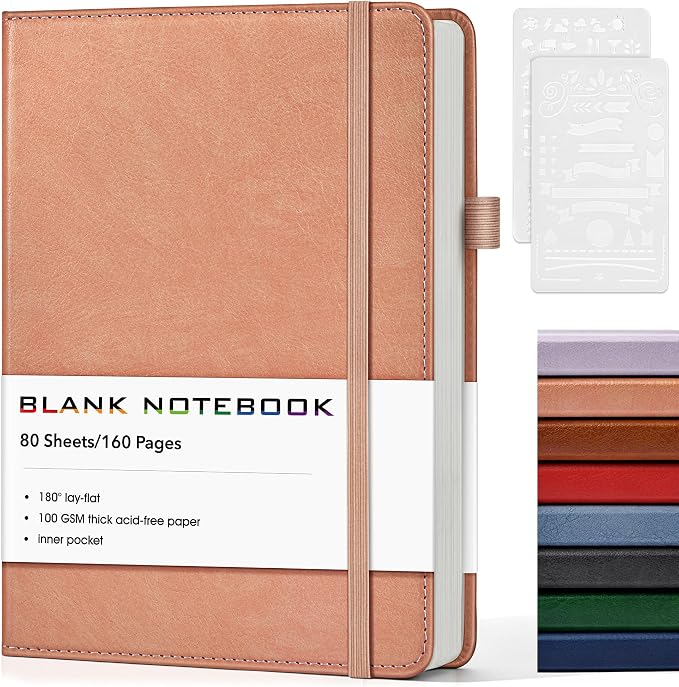 Journal Notebook, A5 Leather Hardcover Blank Sketchbook, 160 Pages, 180° Lay-Flat Binding, 100 GSM Thick Paper, for Sketching, Drawing, Art Journaling & Creative Writing (Pink)