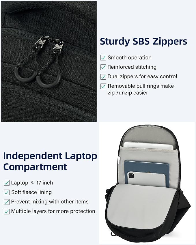HanTrip 18 Inch Carry on Travel Backpack with Lots of Pockets, Black | 17 Inch Laptop Sleeve, Luggage Sleeve, Water Bottle Pocket, 30 Liter, Chest Strap, Water Resistant, 18x14x8 Medium Bookbag