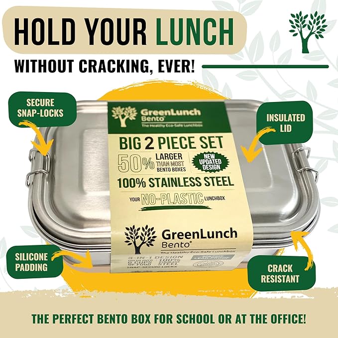 GreenLunch 2-Piece Stainless Steel Bento Box for Adults & Teens | Large 6-Cup BPA-Free Lunch Box with Removable Compartments & Snap Locks | Office, Meal Prep & Travel - Brown/Beige