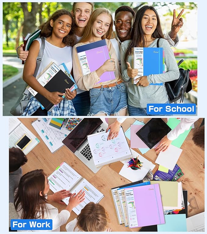 5 Subject Notebook College Ruled,80GSM Paper Thick Hardcover Spiral Notebook Lined Journal with Removable Dividers Tabs,400pages 8.5"x11" Paper Large Notebooks for School Work,3-Hole Punched, Black