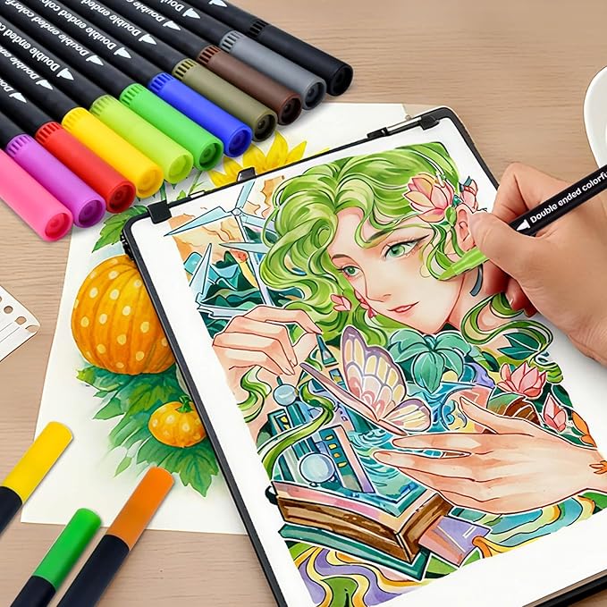 MIN CI 48 Colors Markers, Dual Tip with Fine Tip and Brush Tip Pens for Adult Coloring Book, Dual Brush Coloring Markers, Art Supplies Marker s Kit for Calligraphy, Drawing, DIY Crafts