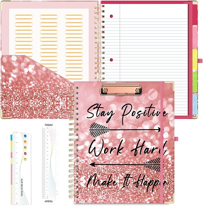 EYROZILL Spiral Notebook Clipboard with Removable Dividers Tabs, 5 Subject Notebook College Ruled, 8.5"x11" Hardcover Lined Journals with 12 Storage Pockets School Office Work Supplies