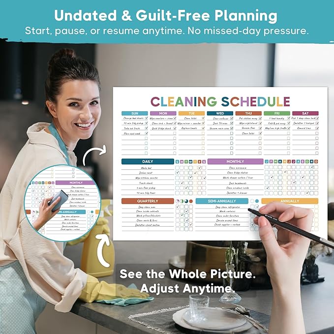 ADHD Cleaning Planner - Undated Blue House Cleaning Schedule & Chore Tracker Checklist for Adults. Dry Erase PVC Spiral Notebook for Daily Weekly Monthly Home Management