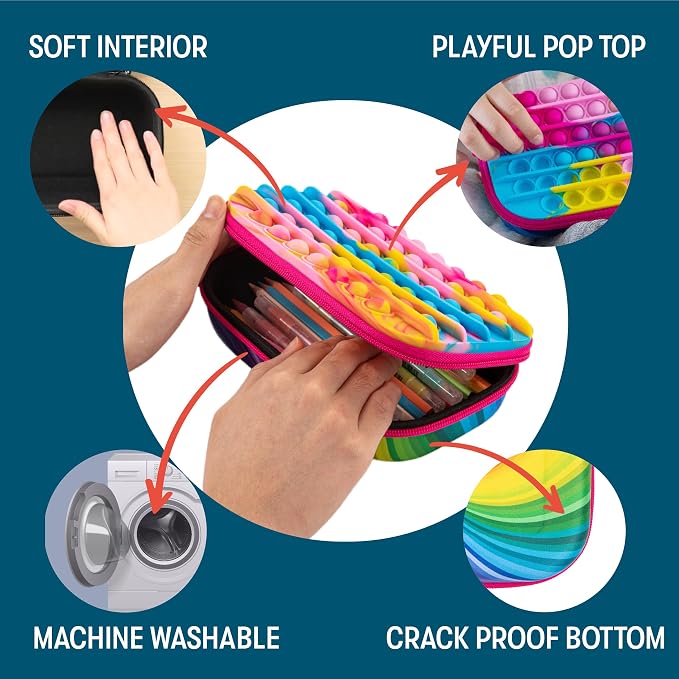 ZIPIT POP Pencil Case for Girls, Silicone Sensory Pencil Box, Rainbow | Playful box for kids with tactile top, sturdy crack-proof shell, secure zipper, large capacity holds 60 pens & pencils