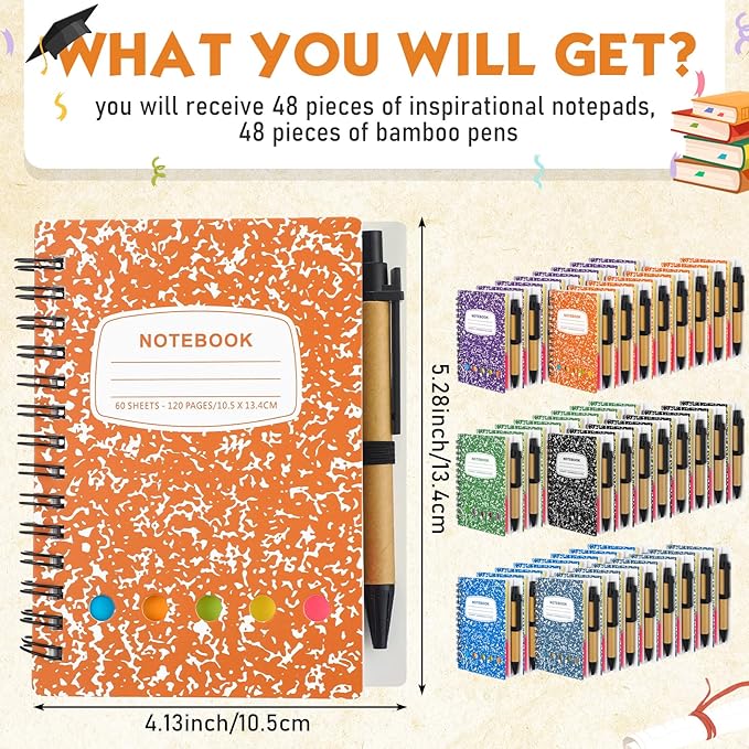 Dunzoom 48 Sets Spiral Notebook Bulk, Steno Pads Lined Notepad with Pen, Sticky Notes Colored Index Tabs, 5.2" x 4.1" Pocket Notebook for Home Business Office Supplies, 60 Sheets (Multicolor)