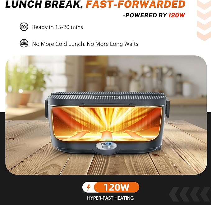 Heated Lunch Box,120W Electric Lunch Box for Adults with 1.5L 304 Stainless Steel Container, 12V/24V/110V Lonchera Eléctrica Portátil for Travel,Work,Car,Truck (Charcoal Grey, 1.5L x 4)