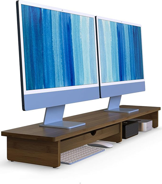 Bamboo Monitor Stand with Large Storage Drawer, 42 Inch Ergonomic Computer Riser for Desk, Screen Shelf with 5 Compartments for Keyboard & Stationery Organization Keyboard Storage,Dark Bamboo