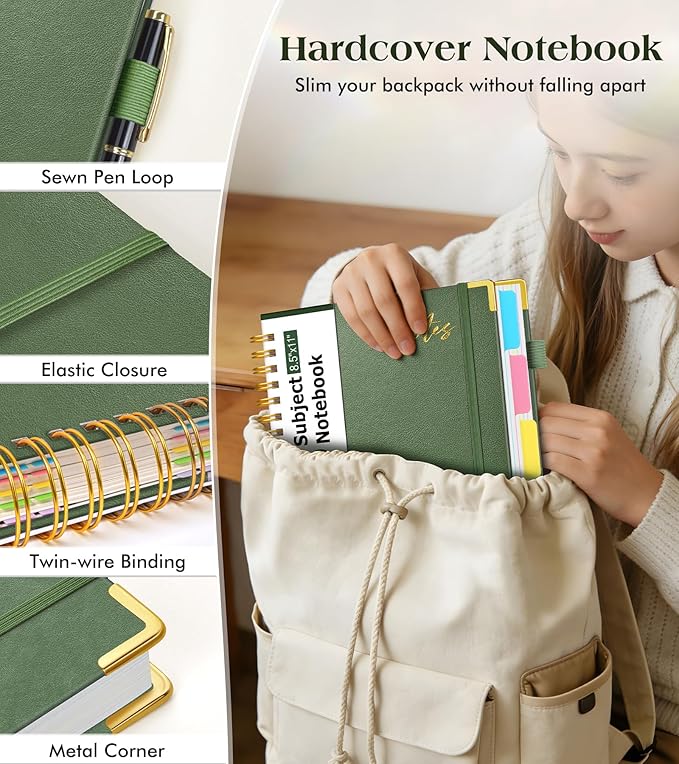 Hardcover Spiral Notebook Journal 8.5" x 11" Leather 5 Subject Notebook with Removable Dividers Tabs, 300 Pages Organizer Notebooks for Work School, College Ruled, Large Lined Journal for Women,Sage