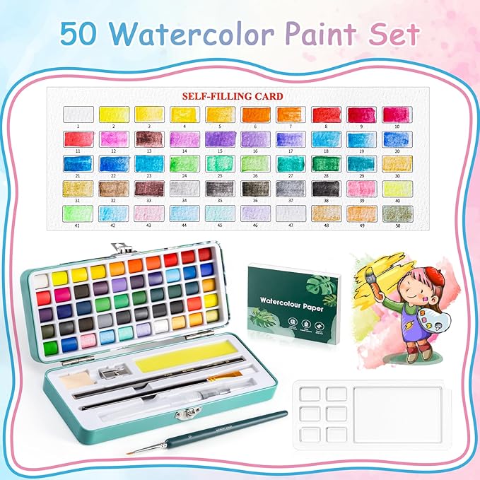 Prudiut 50 Colors Watercolor Paint Set, With Watercolor Paper, Palette, Brushes, Water Color Art Supplies for Beginner Artists Adults Mothers Day Gifts for Mom