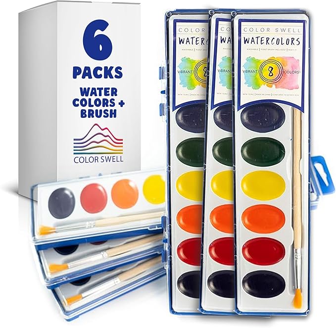 Color Swell 6 Pack Bulk Watercolor Paint Pack with Wood Brushes 8 Colors Washable Water Colors Great for Kids, Parties, Students