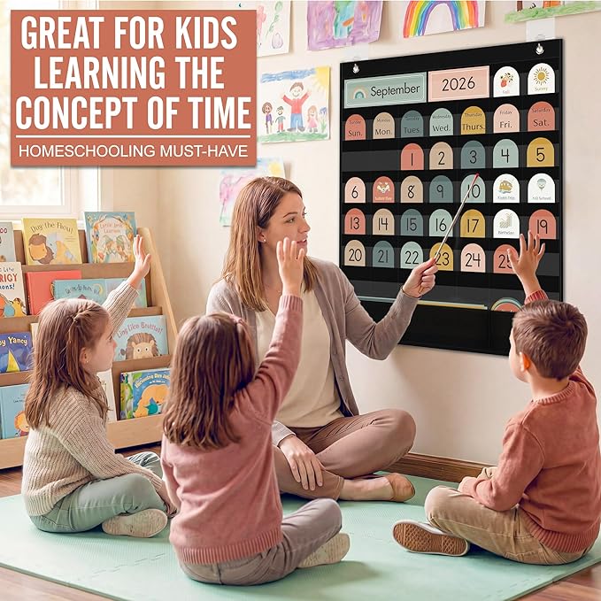 Classroom Monthly Calendar Pocket Chart for Kids Learning, 105 Cards Black Wall Calendar and Weather, Teacher Supplies for Kindergarten Preschool Elementary Homeschool Must Have