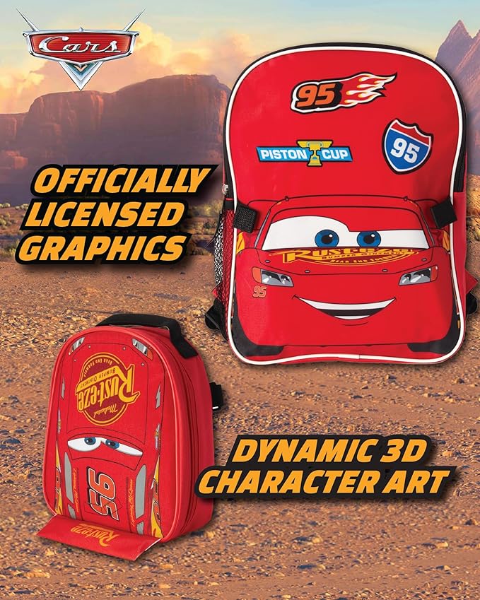 Fast Forward Cars Lightning McQueen Boys Backpack and Lunch Box Set - 14" Backpack with Lunch Box for Preschool Kindergarten, Cars Red