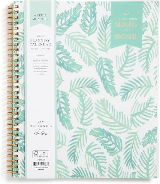 Blue Sky Day Designer 2025-2026 Weekly and Monthly Academic Year Planner Calendar, July 2025 - June 2026, 8.5" x 11", Flexible Cover, Laminated Tabs, Storage Pocket, Includes Stickers, Palms