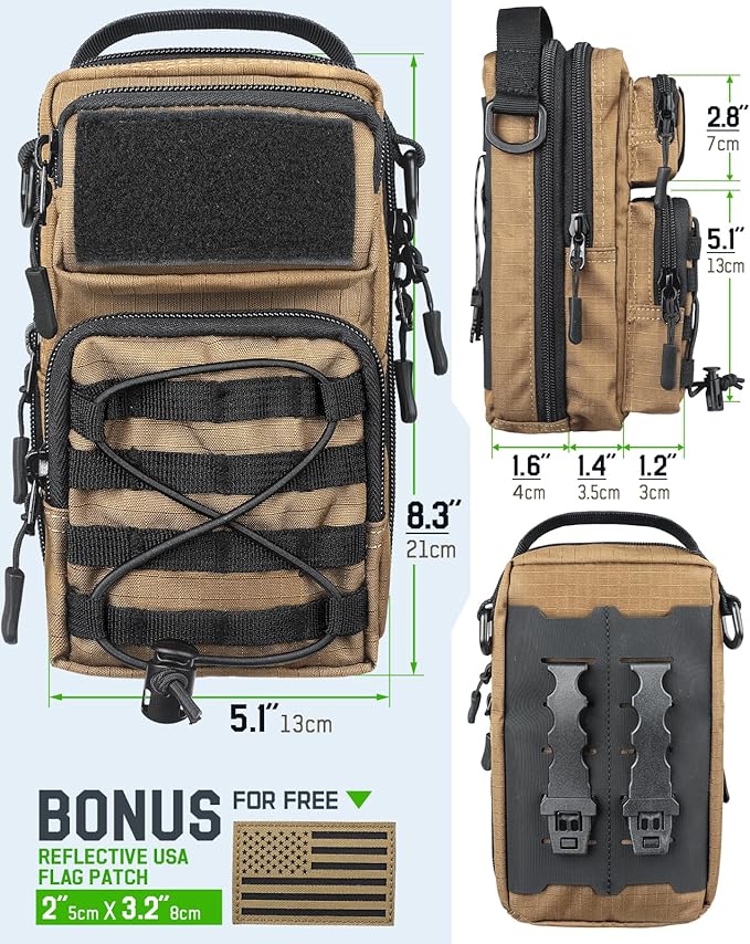 RXW Large Capacity Pencil Pouch for Boys, Tactical EDC Zippered Pencil Bag, Small Tool Pouch for Adults (includes US Flag Patch + 2 MOLLE Straps) (Coyote Brown)