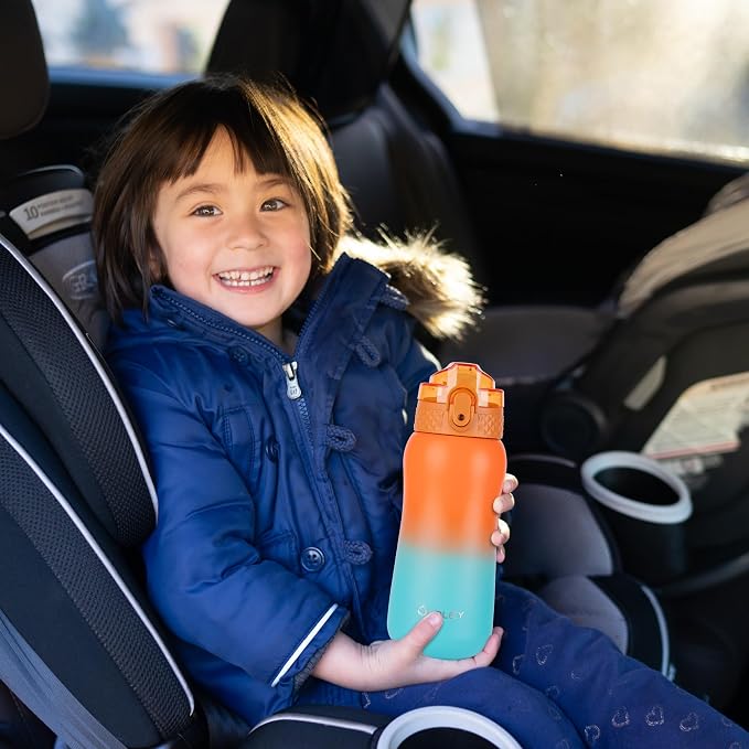 Oldley Insulated Water Bottle 12oz Kids Water Bottles with Straw, Stainless Steel Water Bottle with 2 Lids,Double Wall Vacuum Bottle, Leak-Proof Sport Bottles for School Travel, Ombre Orange-green