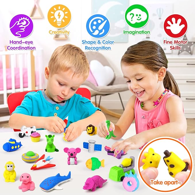 90 Pack Animal Erasers for Kids Bulk Desk Pets Classroom Prizes Treasure Box Toys for Classroom Supplies, 3D Puzzle Mini Erasers Pencil Eraser Back to School Supplies for Kids Party Favors (Random)