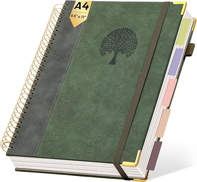 Yoment Hardcover Spiral Notebook 8.5" x 11" Leather 5 Subject Notebook College Ruled with Dividers Tabs 300 Pages Large Spiral Journal Notebooks for Work School Note-Taking Business, Green