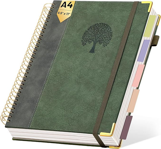 Yoment Hardcover Spiral Notebook 8.5" x 11" Leather 5 Subject Notebook College Ruled with Dividers Tabs 300 Pages Large Spiral Journal Notebooks for Work School Note-Taking Business, Green