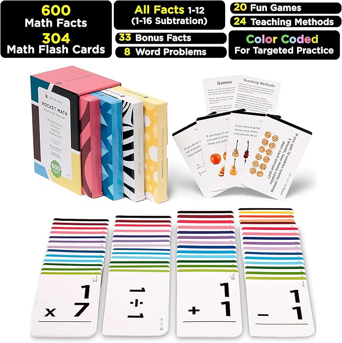 Award-Winning Math Flash Cards – 600 Addition, Subtraction, Multiplication & Division Facts – 2 Facts Per Card – 20 Games & Teaching Methods – Grades 1–6 – Classroom, Homeschool & Teacher-Approved