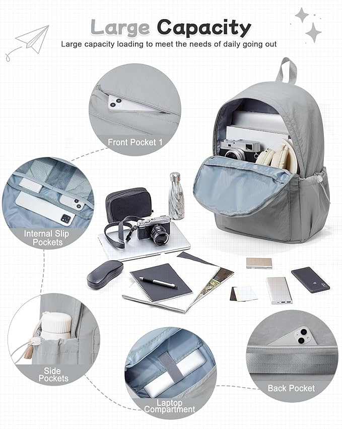 BJLFS Small Backpack for School Girls Kids Women, Grey Waterproof Bookbag Cute High School Back Pack for Men Teen Boys, Lightweight Travel College Backpack Mochilas Escolares para Daypack Rucksack