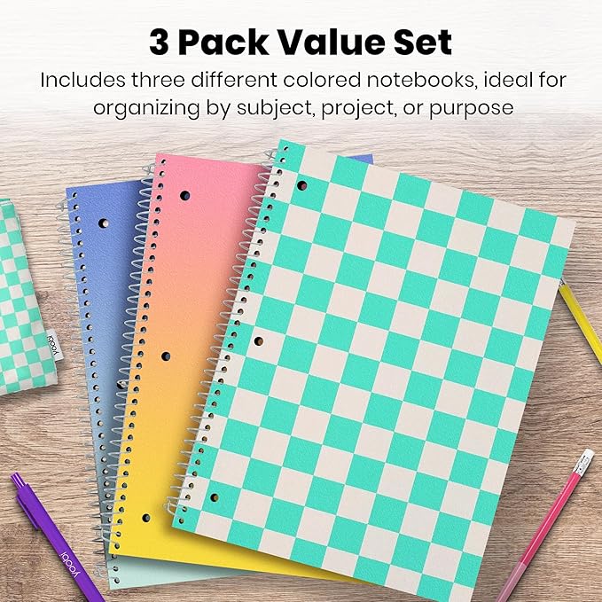 Yoobi Wide Ruled Spiral Notebook Set – 3-Pack of 1 Subject Notebooks, Bright Pink, Blue & Green Designs – 150 Perforated 3-Hole Punched Sheets Each, 10.5” x 8”