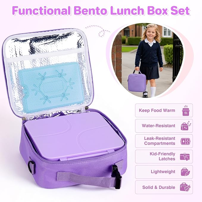 Bento Lunch Box with 8oz Soup Thermo,Kids Leakproof 4 Compartment Lunch Food Containers with Sauce Cup and Ice Pack,Kids Thermo Insulated Hot Food Jar and Lunch Bag for School,Trvael-Purple