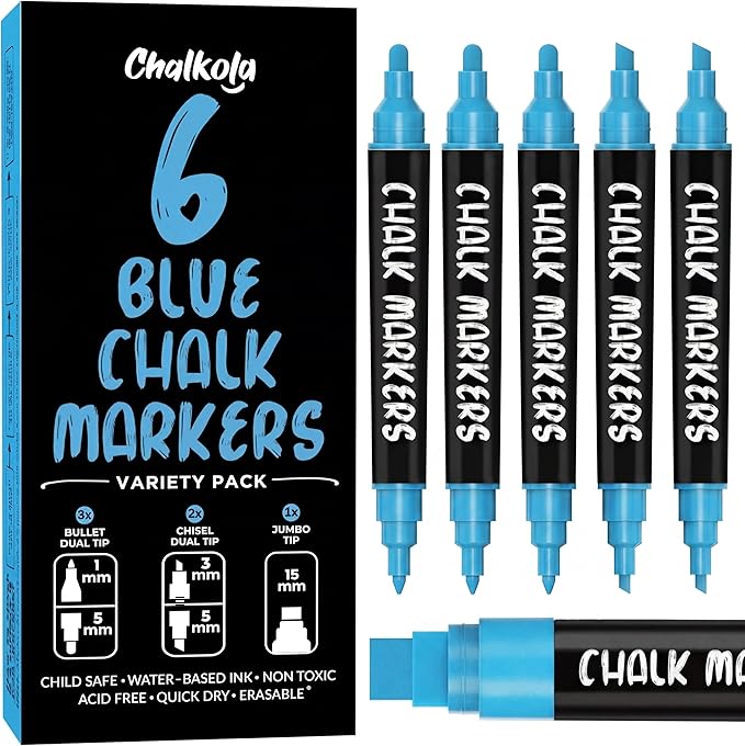 Chalkola 6 Blue Chalk Markers - Dual tip, Fine & Jumbo Tip (1mm, 3mm, 5mm, 15mm) | Erasable Liquid Chalk Pens for Blackboard, Chalkboard Signs, Car Window, Bistro, Glass | Washable Chalkboard Markers