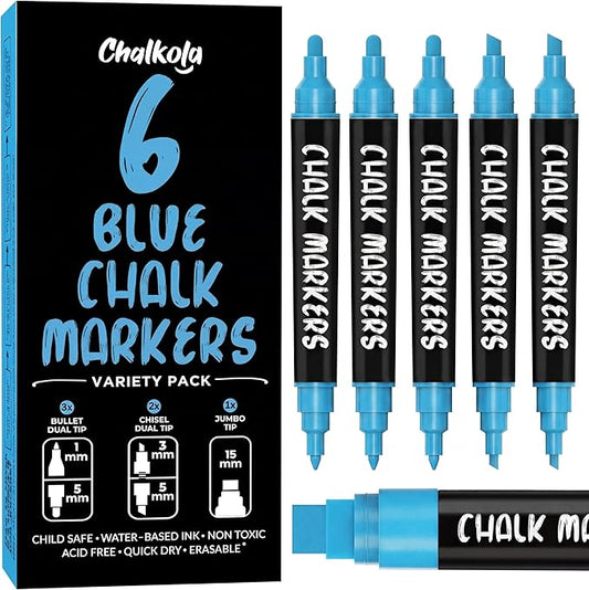 Chalkola 6 Blue Chalk Markers - Dual tip, Fine & Jumbo Tip (1mm, 3mm, 5mm, 15mm) | Erasable Liquid Chalk Pens for Blackboard, Chalkboard Signs, Car Window, Bistro, Glass | Washable Chalkboard Markers