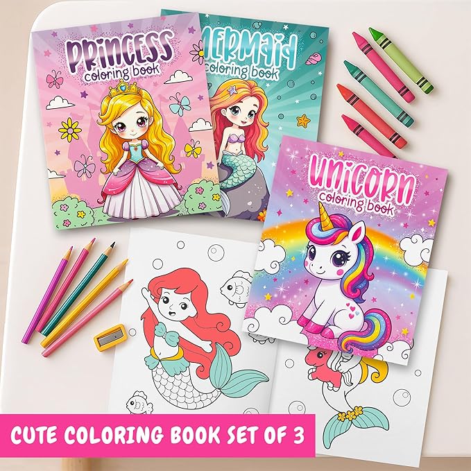 ZICOTO Fun Coloring Books for Kids Set of 3 – Cute Princess, Unicorn & Mermaid Coloring Book for Girls Ages 4–8 – Easy to Color Gift with Magical Themes for Your Creative Little Princess