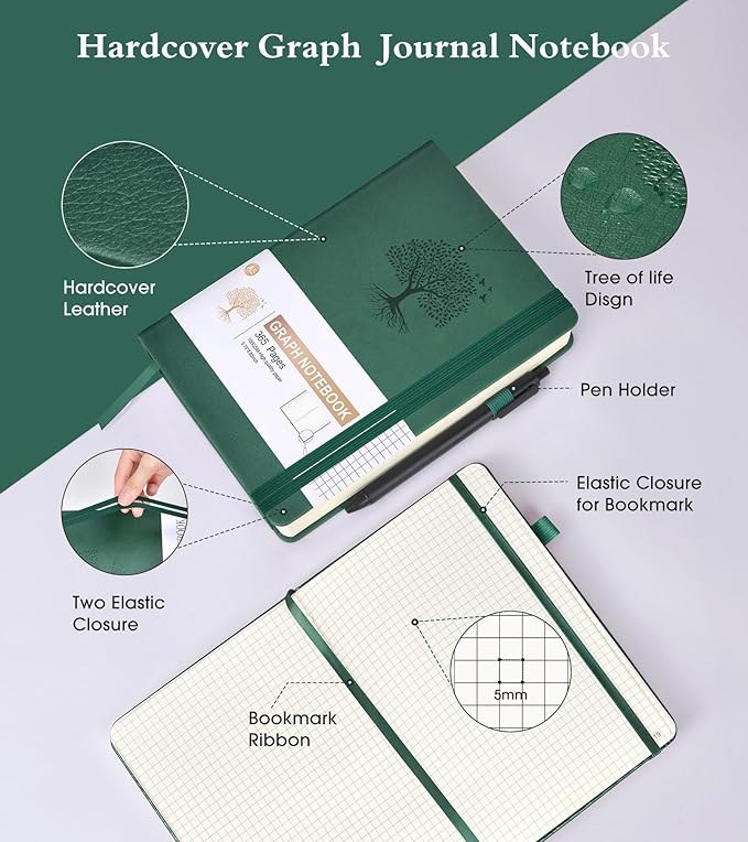 Ansopu Graph Paper Notebook Journal, 360 Numbered Pages Grid Notebooks, Thick 100gsm Graphing Paper Journals for Writing Women Men, A5 Large Hardcover Leather Graph Notebook 5.75'' × 8.38'' Green