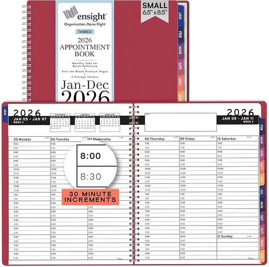 Ensight 2026 Appointment Book and Planner 6.5" x 8.5" Large Hourly Weekly Daily Schedule Book with Tabs, 30 Minute Time Slots, Magenta Calendar Organizer Jan 2026–Dec 2026 Appointment Planner - Magenta
